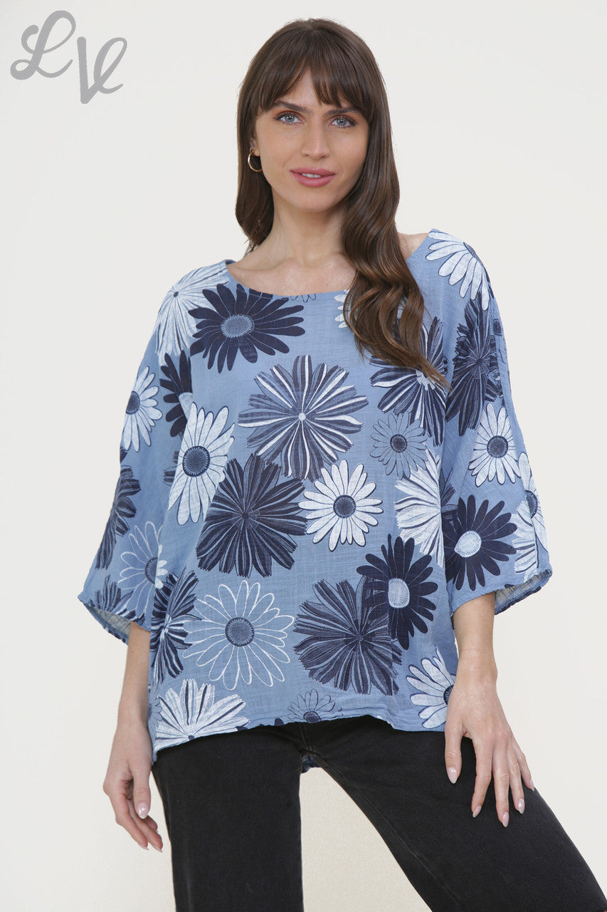 Dames boxy top met bloemenmixprint en denim