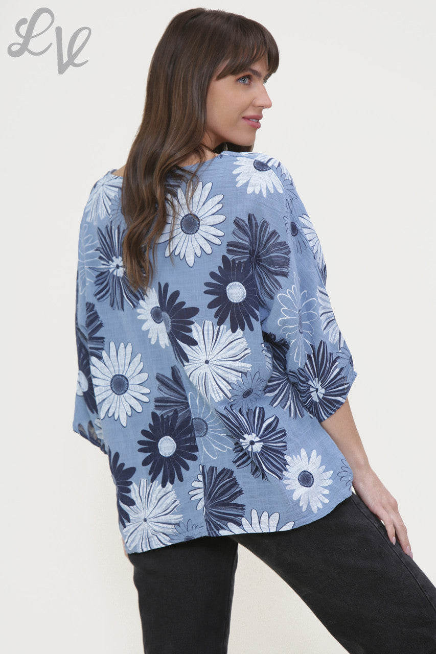 Dames boxy top met bloemenmixprint en denim