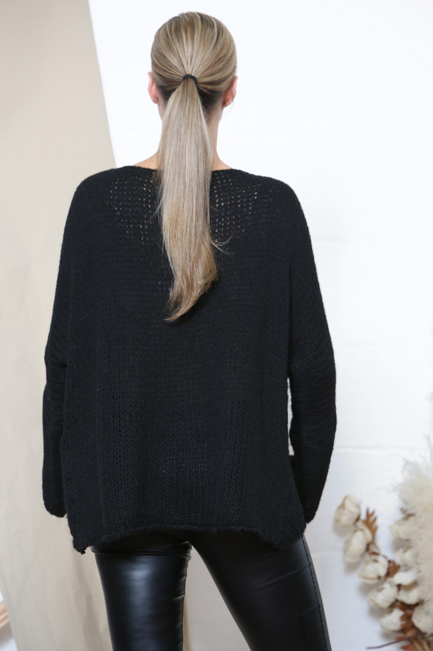 Ladies Loose Knit Slouched Jumper Black