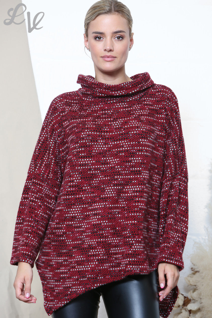 Ladies Cowl Neck Fleck Knit Jumper Burgundy