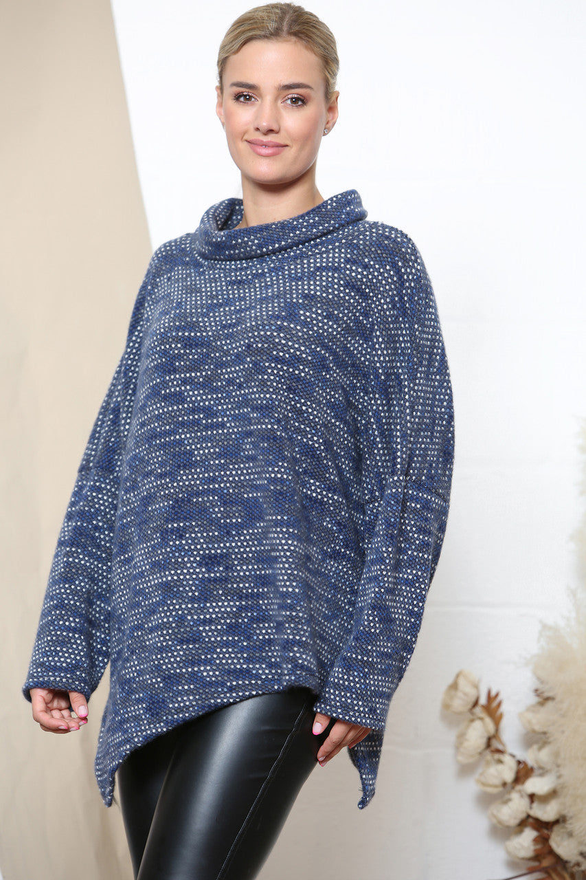 Ladies Cowl Neck Fleck Knit Jumper Denim