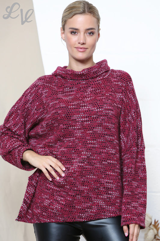 Dames Fleck-gebreide Trui Met Watervalkraag Cerise