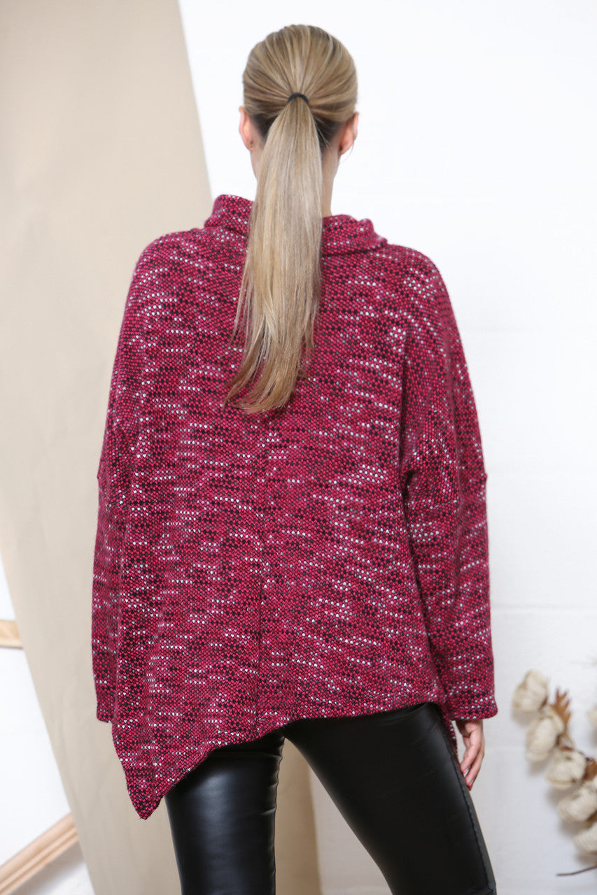Ladies Cowl Neck Fleck Knit Jumper Cerise