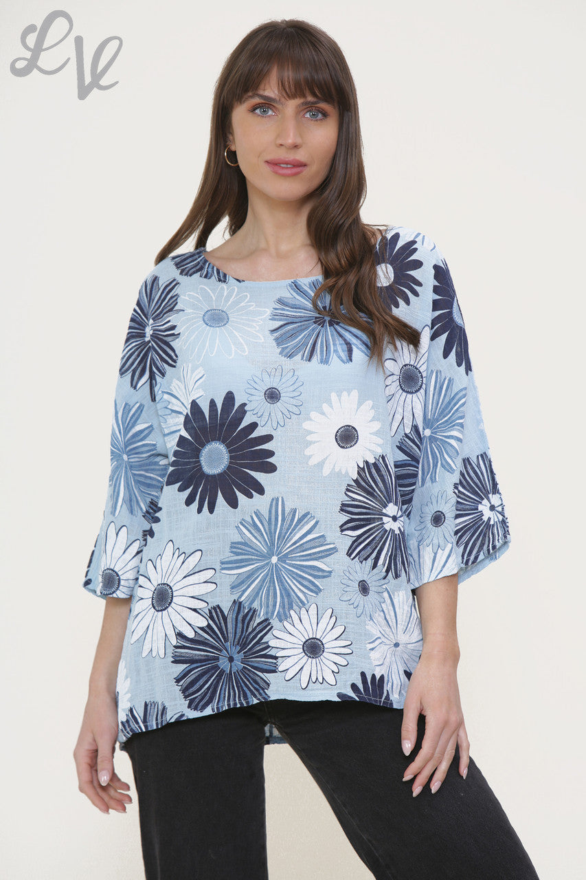 Ladies Floral Mix Print Box Top Light Blue