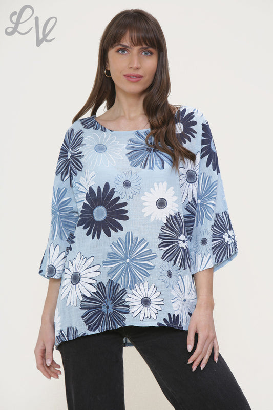 Ladies Floral Mix Print Box Top Light Blue