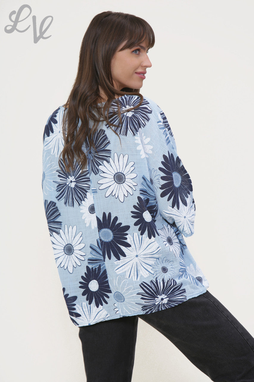 Ladies Floral Mix Print Box Top Light Blue