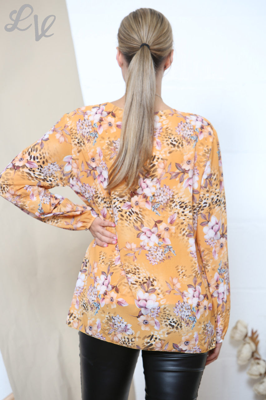 Dames Blouse Met Lange Mouwen, Plooien En Bloemenprint Mosterd