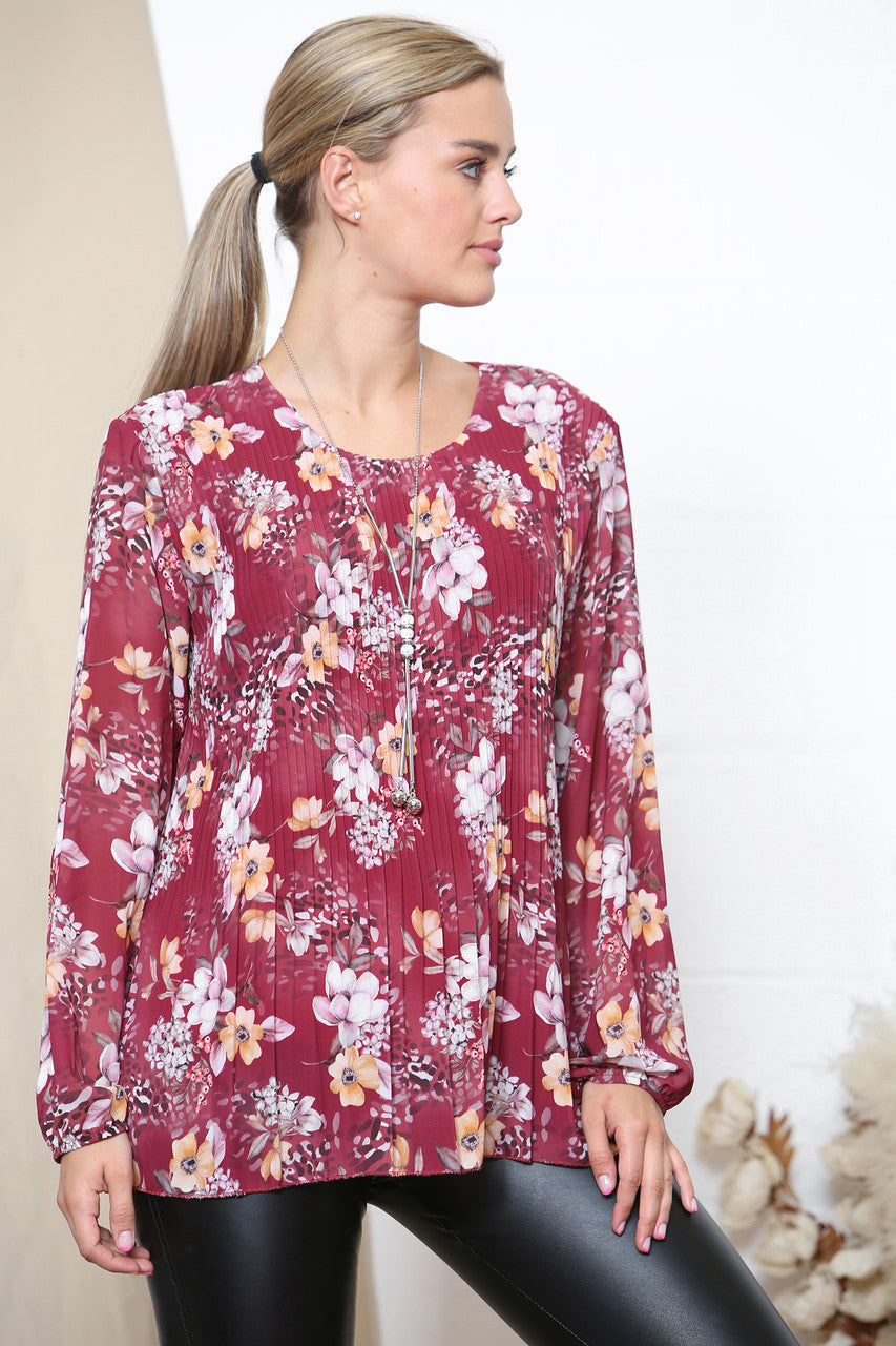 Dames plissérok met lange mouwen en bloemenprint bordeauxrood