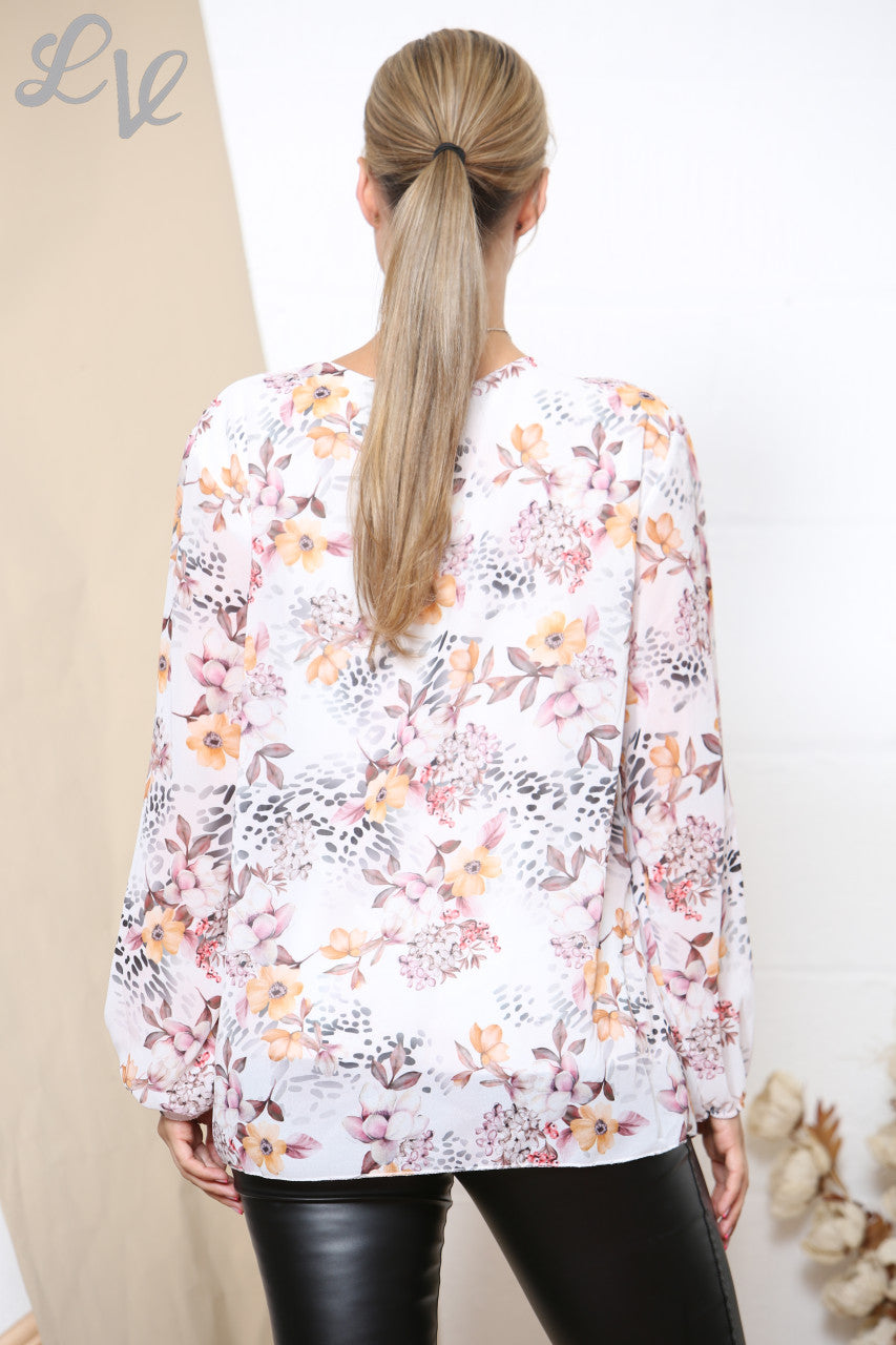 Ladies Floral Print Long Sleeve Pleated Blouse White