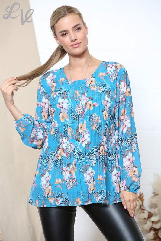 Dames Blouse met Lange Mouwen, Bloemenprint en Plooien Turkoois