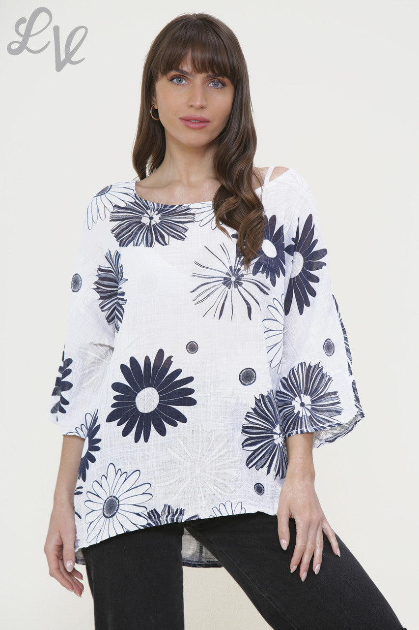 Ladies Floral Mix Print Box Top White