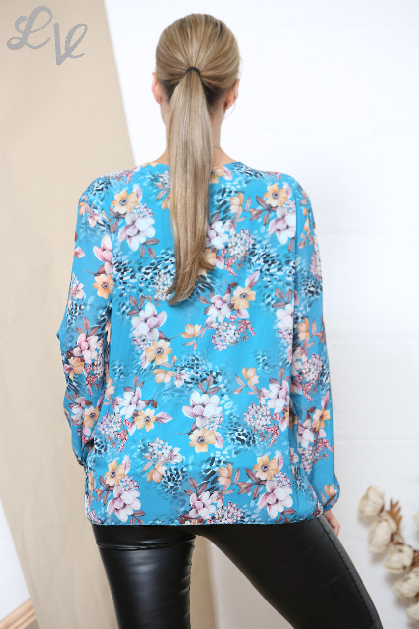 Ladies Floral Print Long Sleeve Pleated Blouse Turquoise