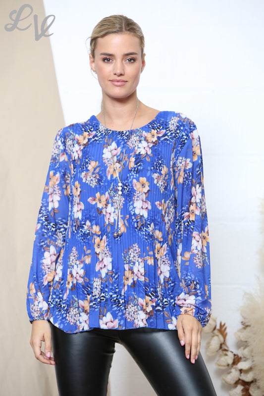 Dames Blouse Met Lange Mouwen En Plooien Met Bloemenprint Koningsblauw