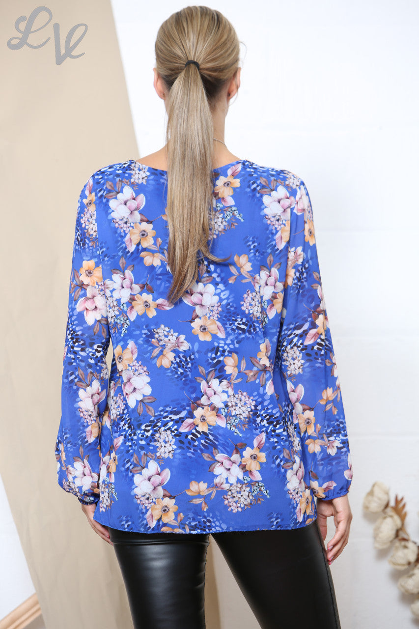 Dames Blouse Met Lange Mouwen En Plooien Met Bloemenprint Koningsblauw