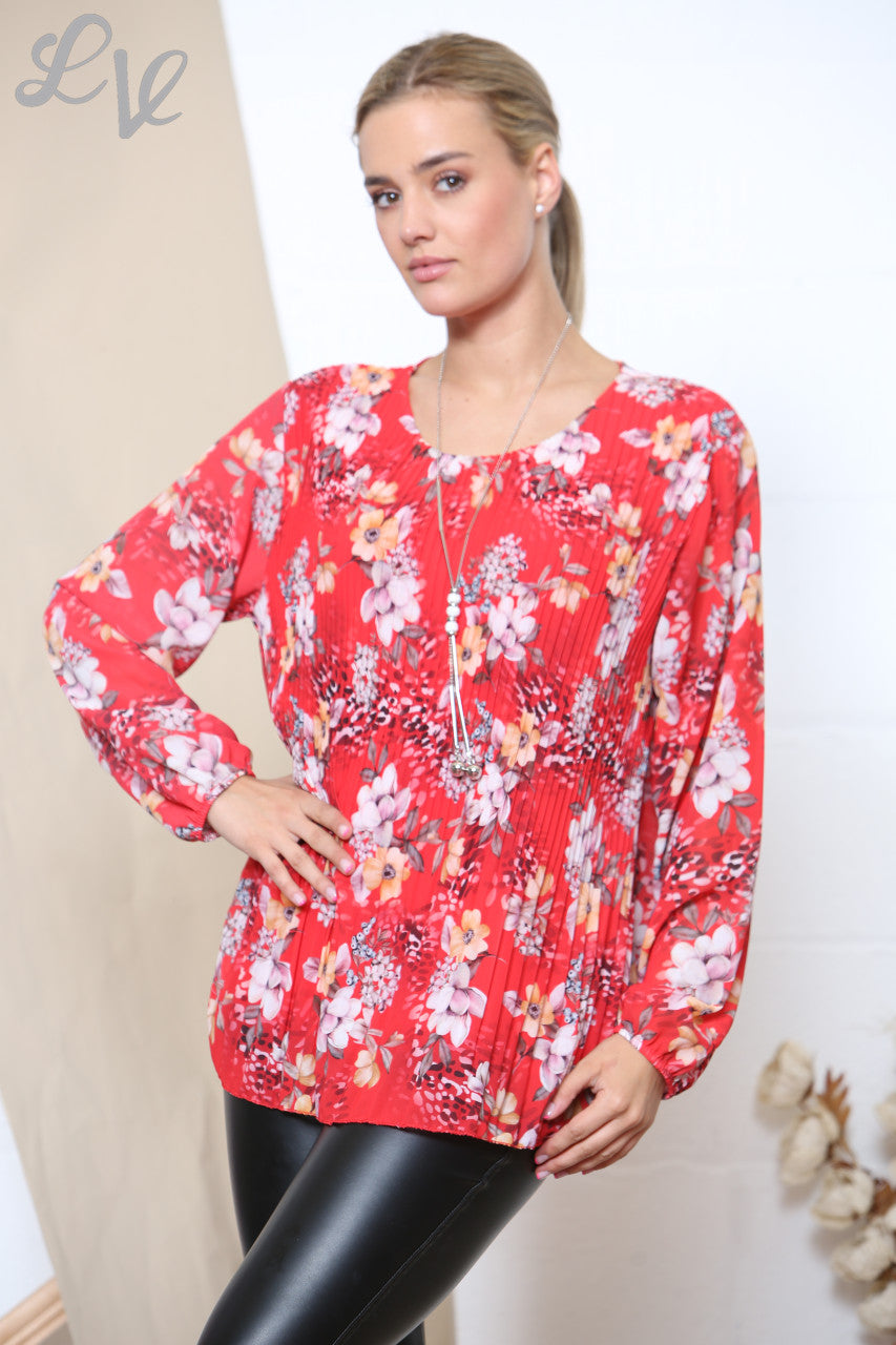 Ladies Floral Print Long Sleeve Pleated Blouse Red