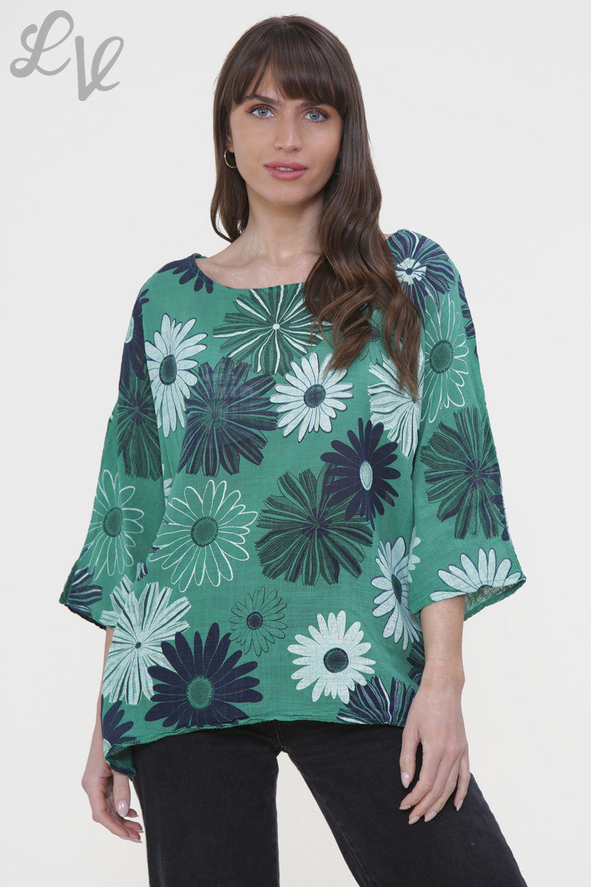 Ladies Floral Mix Print Box Top Green