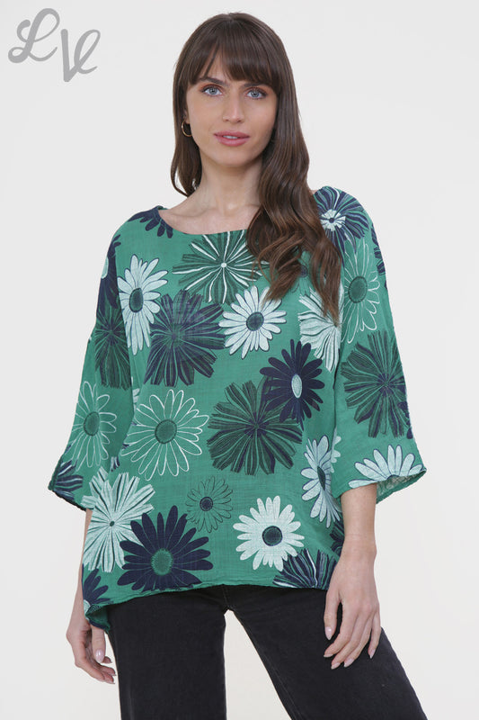 Ladies Floral Mix Print Box Top Green