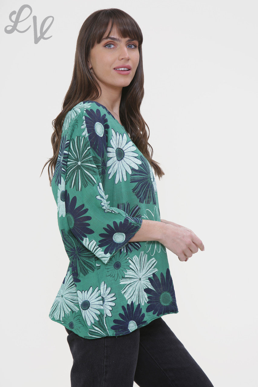 Ladies Floral Mix Print Box Top Green