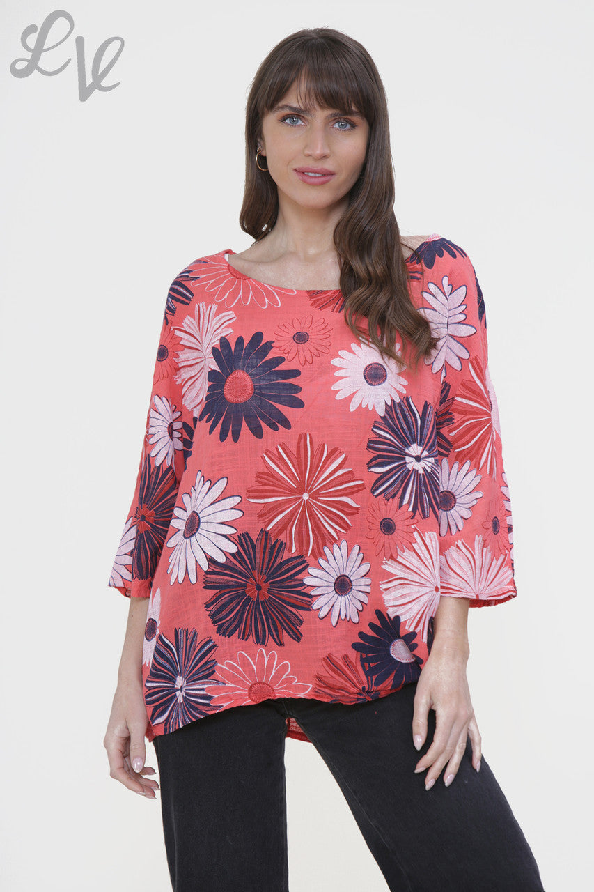 Dames Box Top met Bloemenprint Koraal