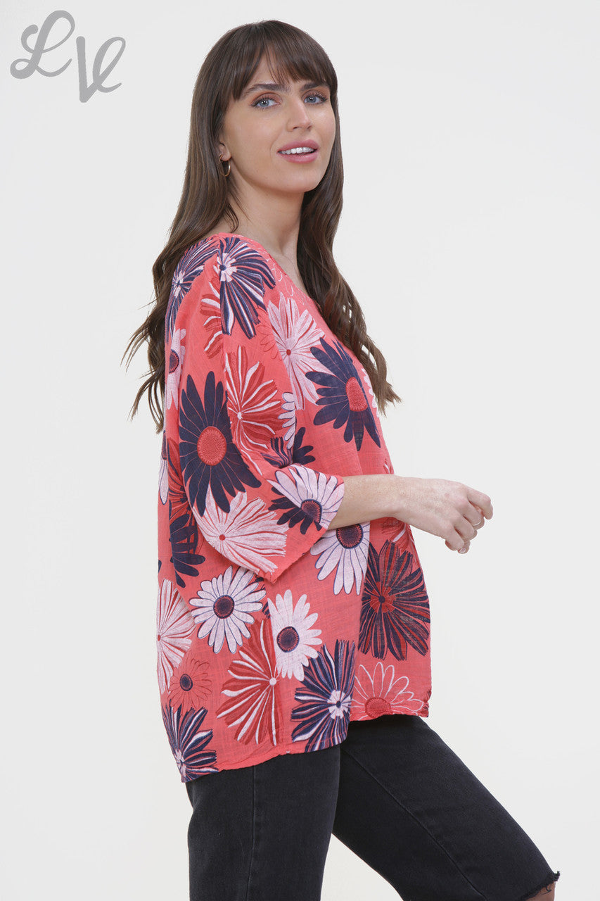 Dames Box Top met Bloemenprint Koraal
