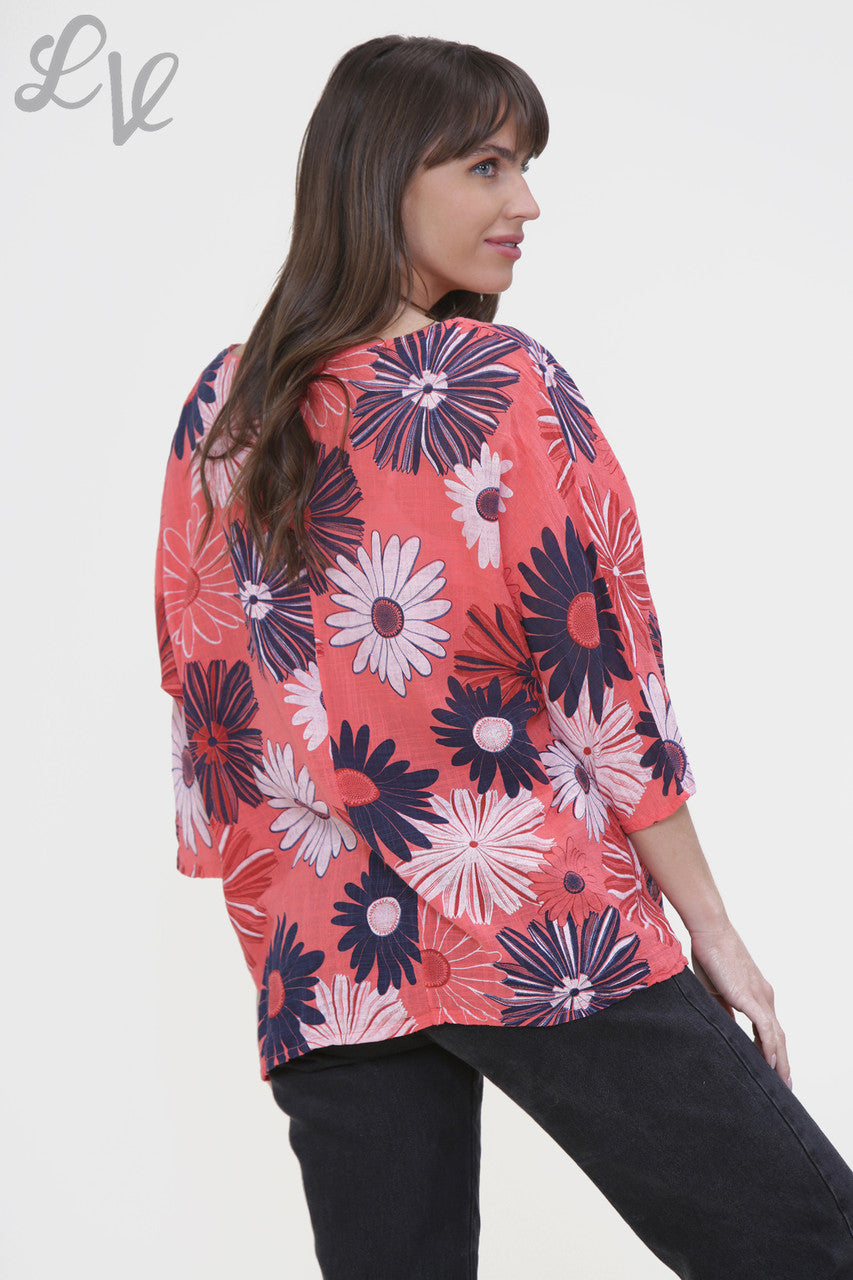 Dames Box Top met Bloemenprint Koraal