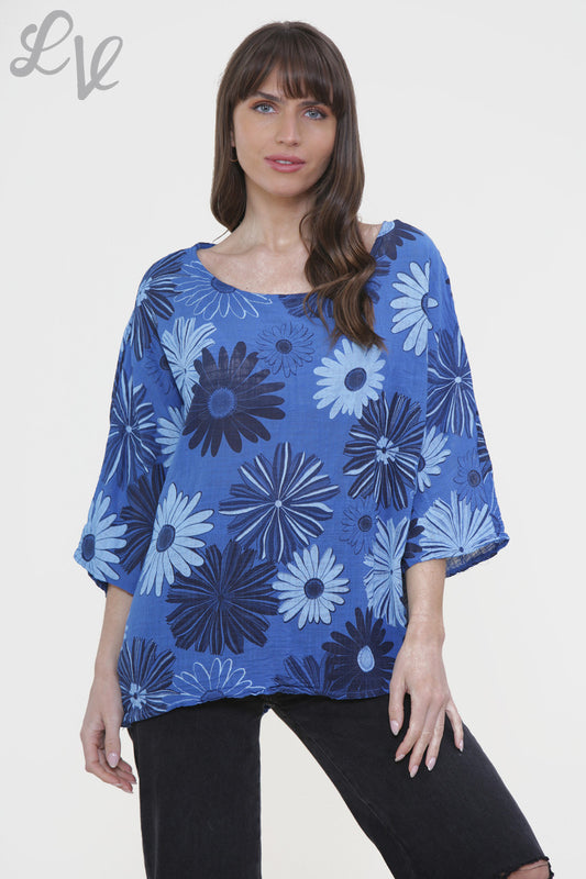 Ladies Floral Mix Print Box Top Royal Blue