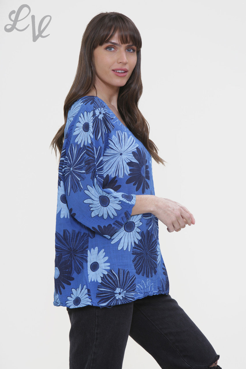 Ladies Floral Mix Print Box Top Royal Blue