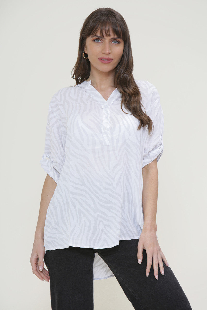 Ladies Zebra Print Grandad Shirt White