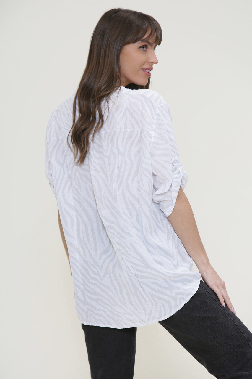 Ladies Zebra Print Grandad Shirt White