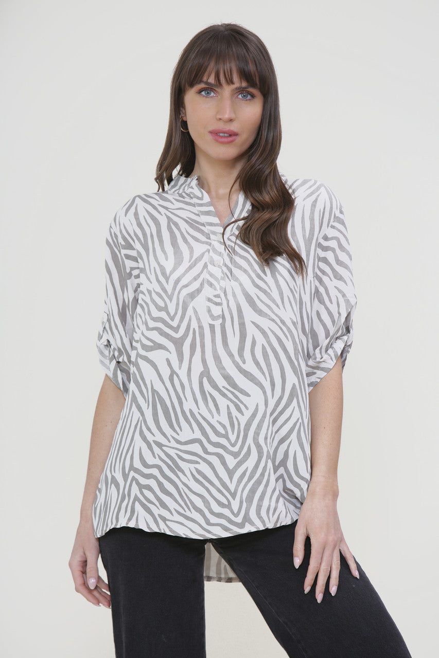 Ladies Zebra Print Grandad Shirt Stone
