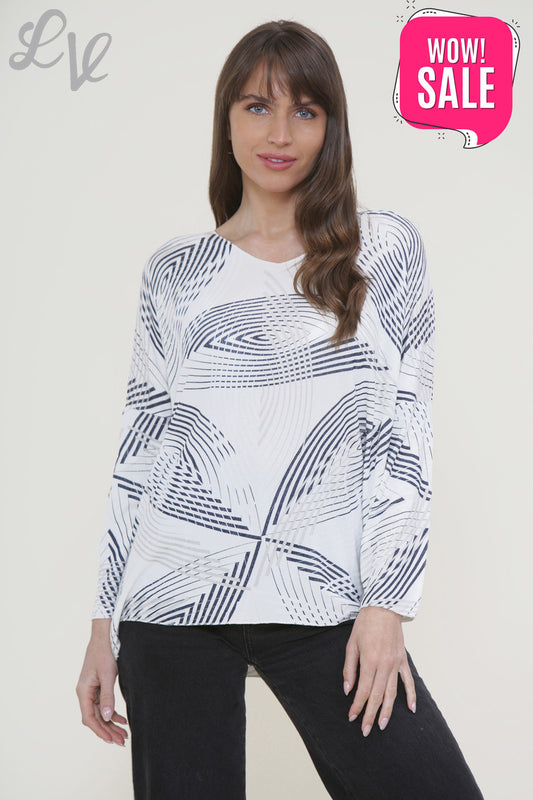 Ladies Line Print Fine Knit Jumper Top White