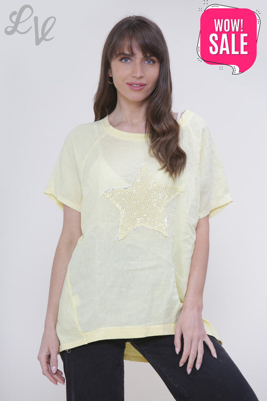 Ladies Mesh Sequin Star Top Lemon