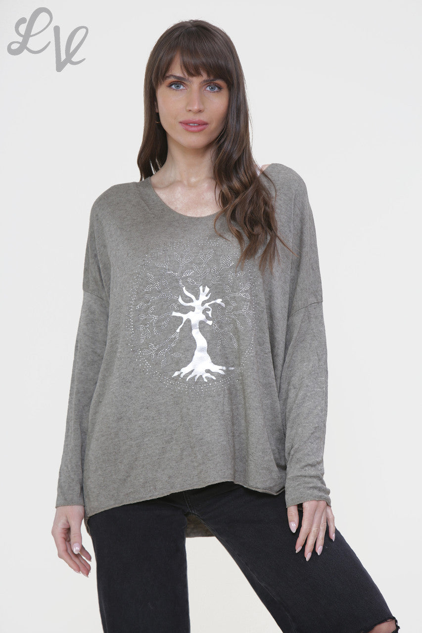 Ladies Tree Of Life Foil Print Fine Knit Jumper Top Taupe