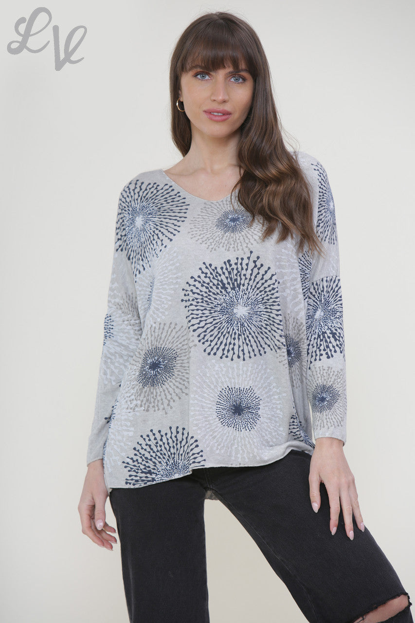 Ladies Dandelion Print Fine Knit Jumper Top Stone