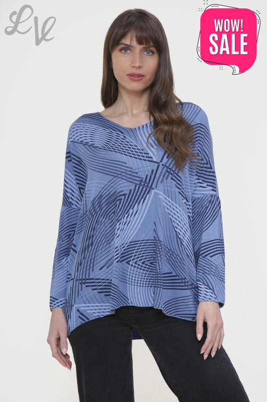 Ladies Line Print Fine Knit Jumper Top Denim