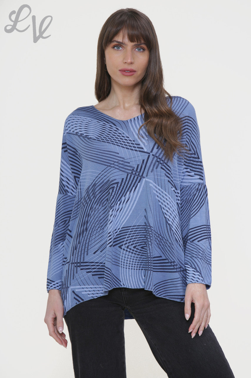 Ladies Line Print Fine Knit Jumper Top Denim