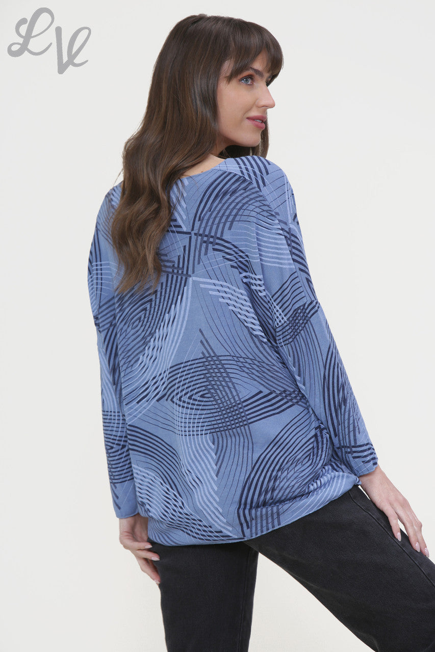 Ladies Line Print Fine Knit Jumper Top Denim