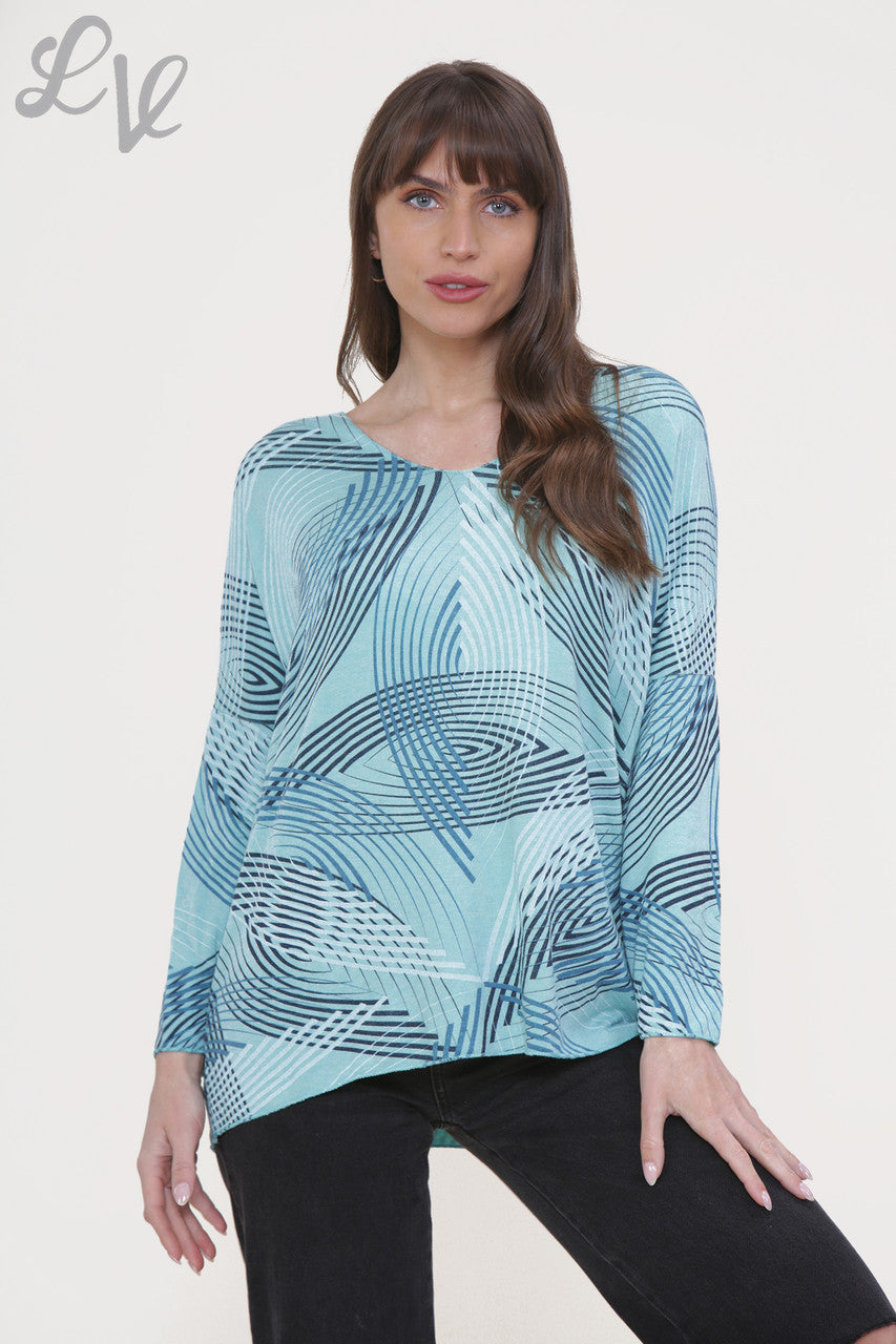 Ladies Line Print Fine Knit Jumper Top Turquoise