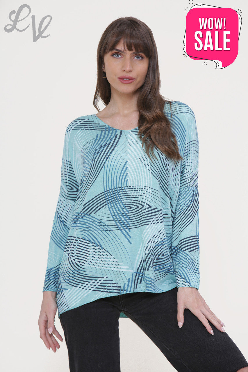Ladies Line Print Fine Knit Jumper Top Turquoise