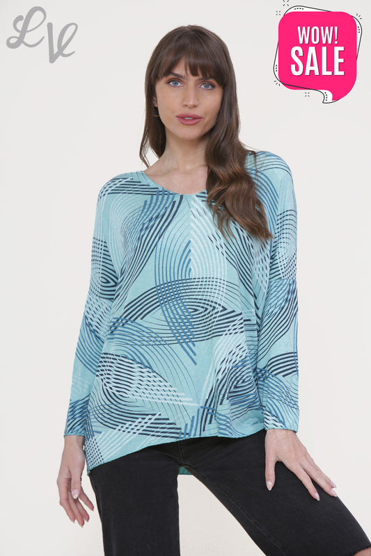 Ladies Line Print Fine Knit Jumper Top Turquoise