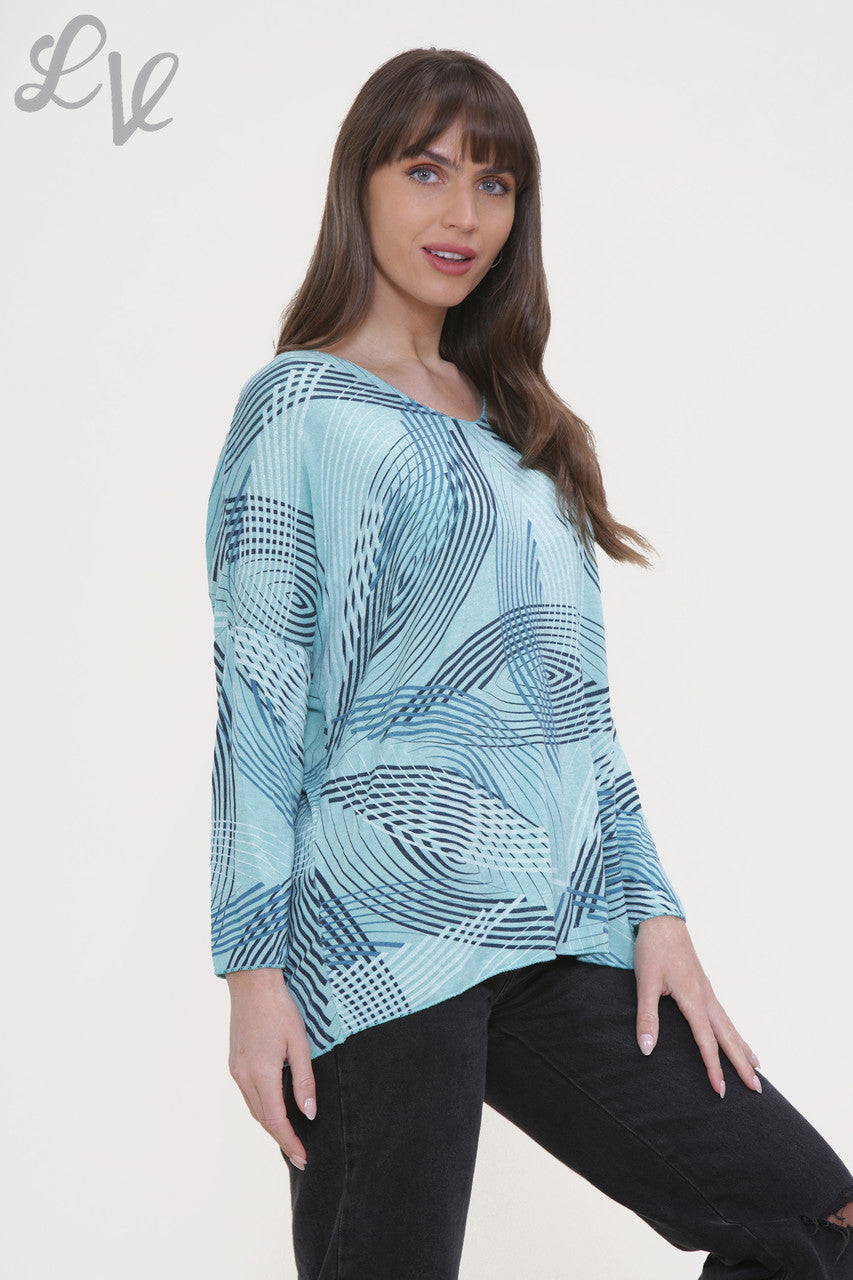 Ladies Line Print Fine Knit Jumper Top Turquoise
