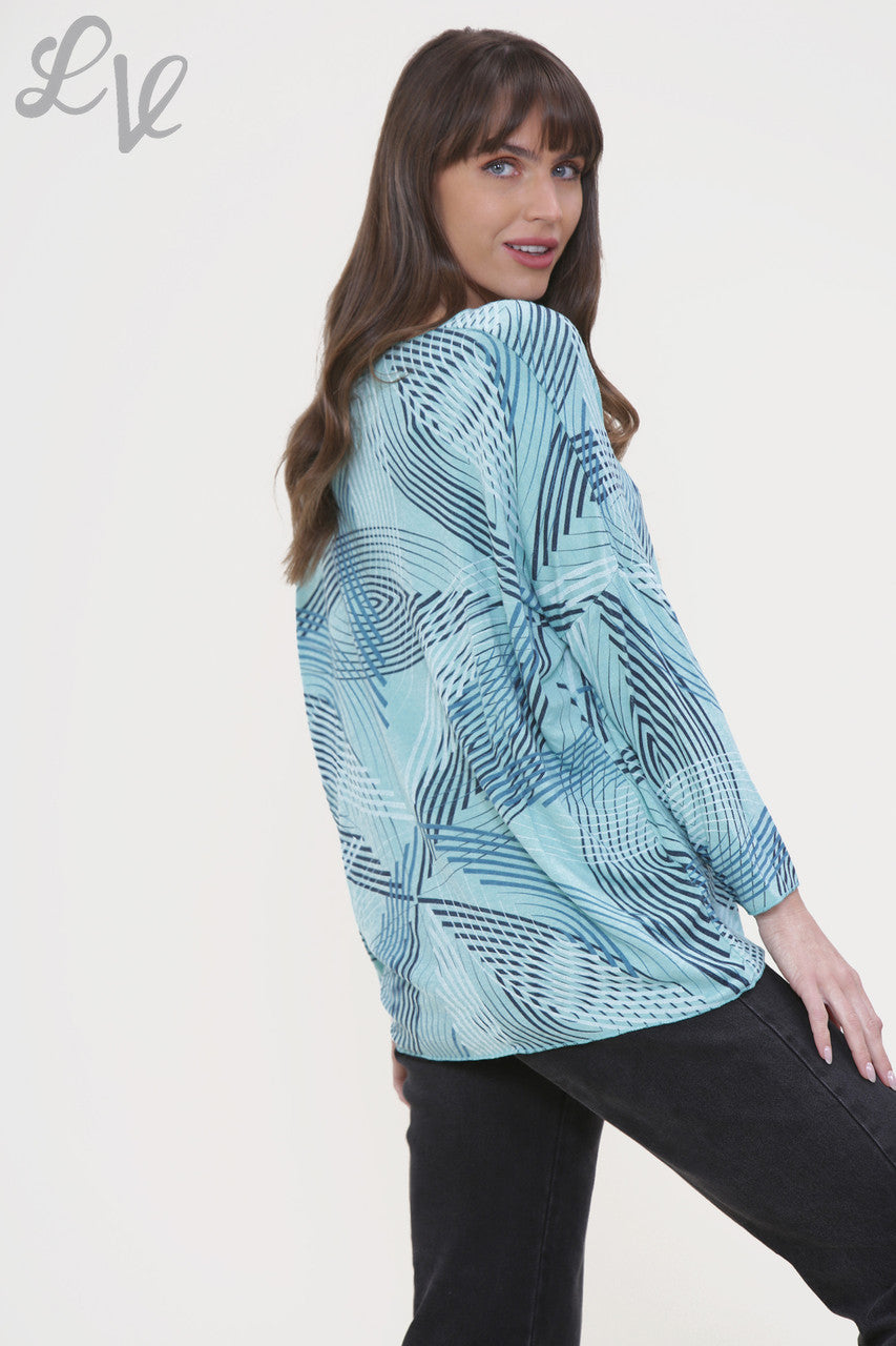 Ladies Line Print Fine Knit Jumper Top Turquoise