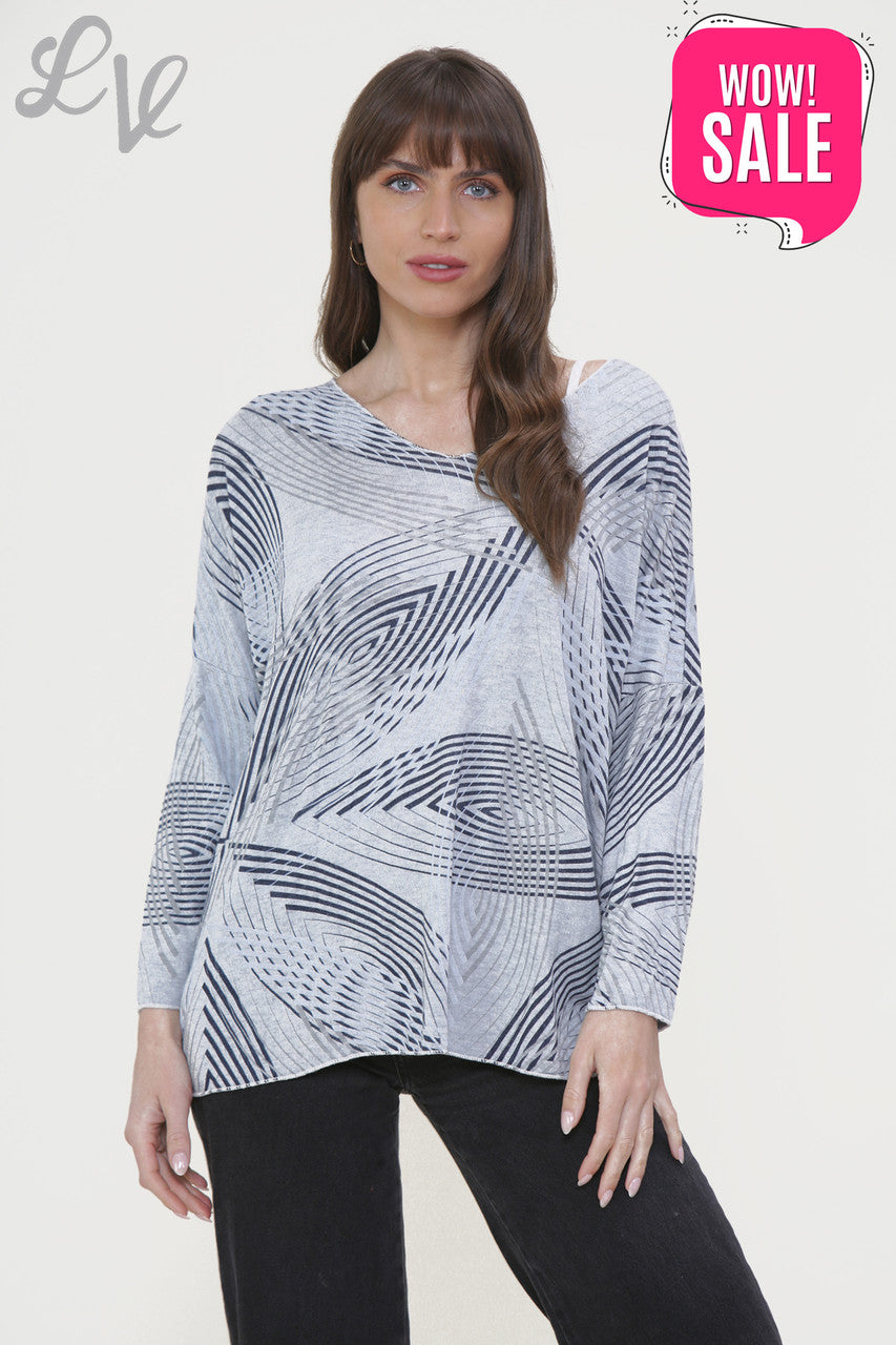 Ladies Line Print Fine Knit Jumper Top Grey