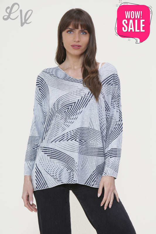 Ladies Line Print Fine Knit Jumper Top Grey