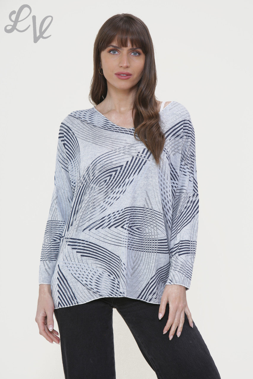 Ladies Line Print Fine Knit Jumper Top Grey