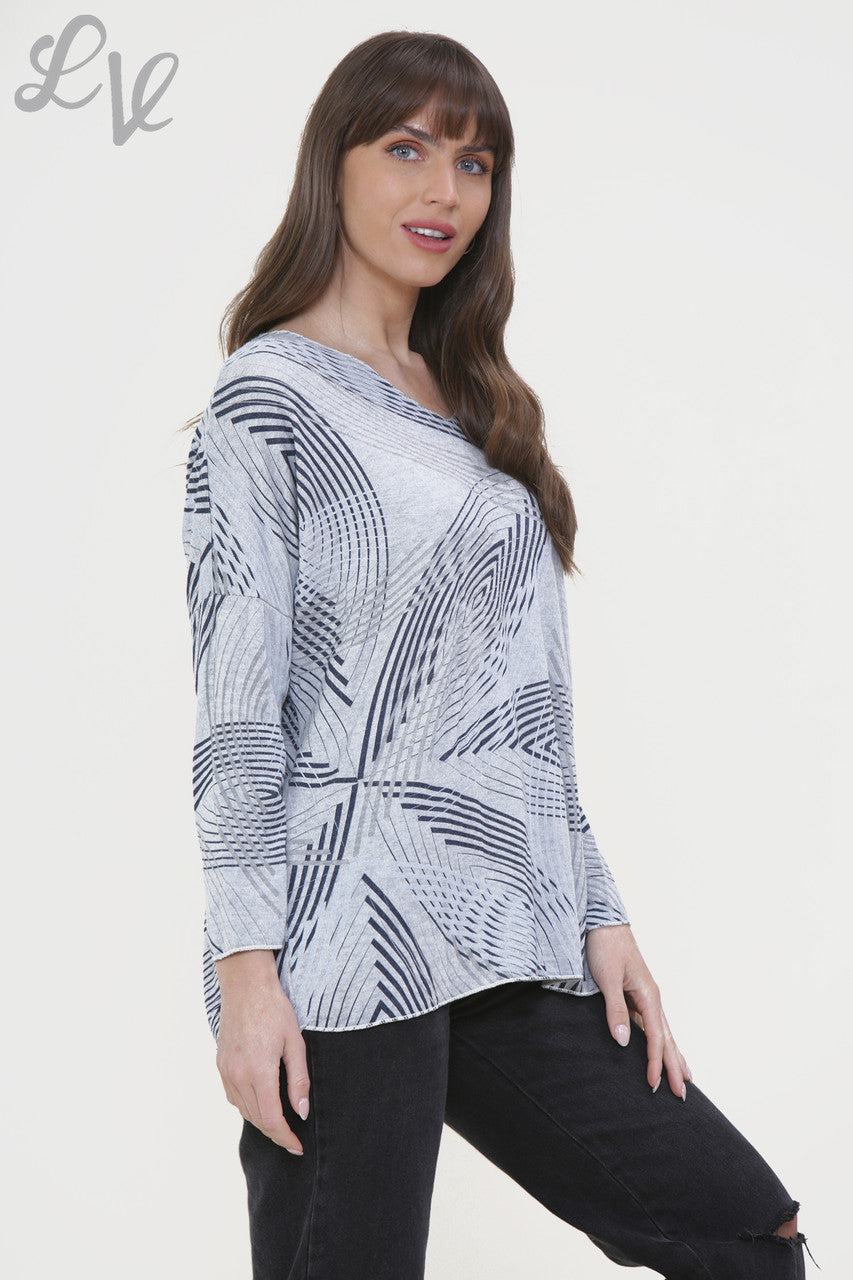 Ladies Line Print Fine Knit Jumper Top Grey