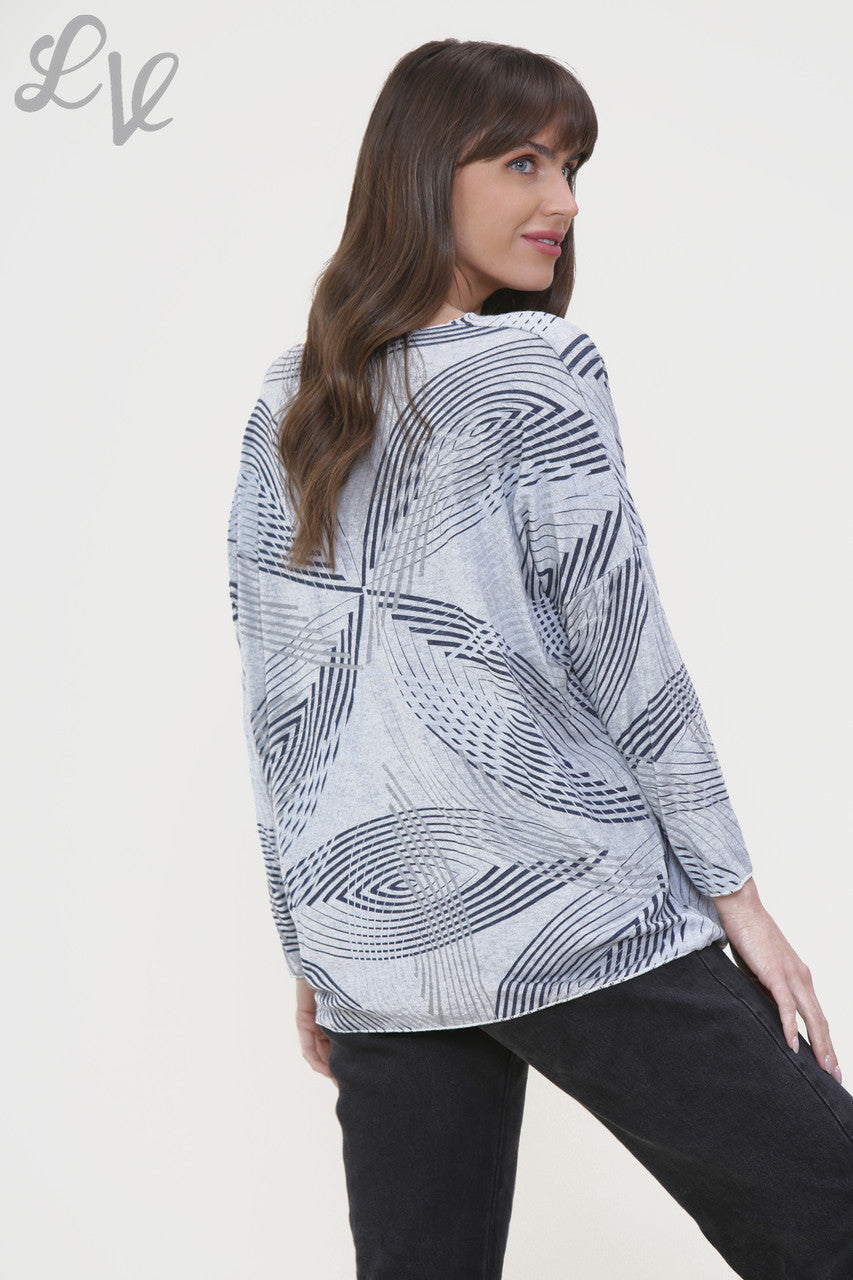 Ladies Line Print Fine Knit Jumper Top Grey