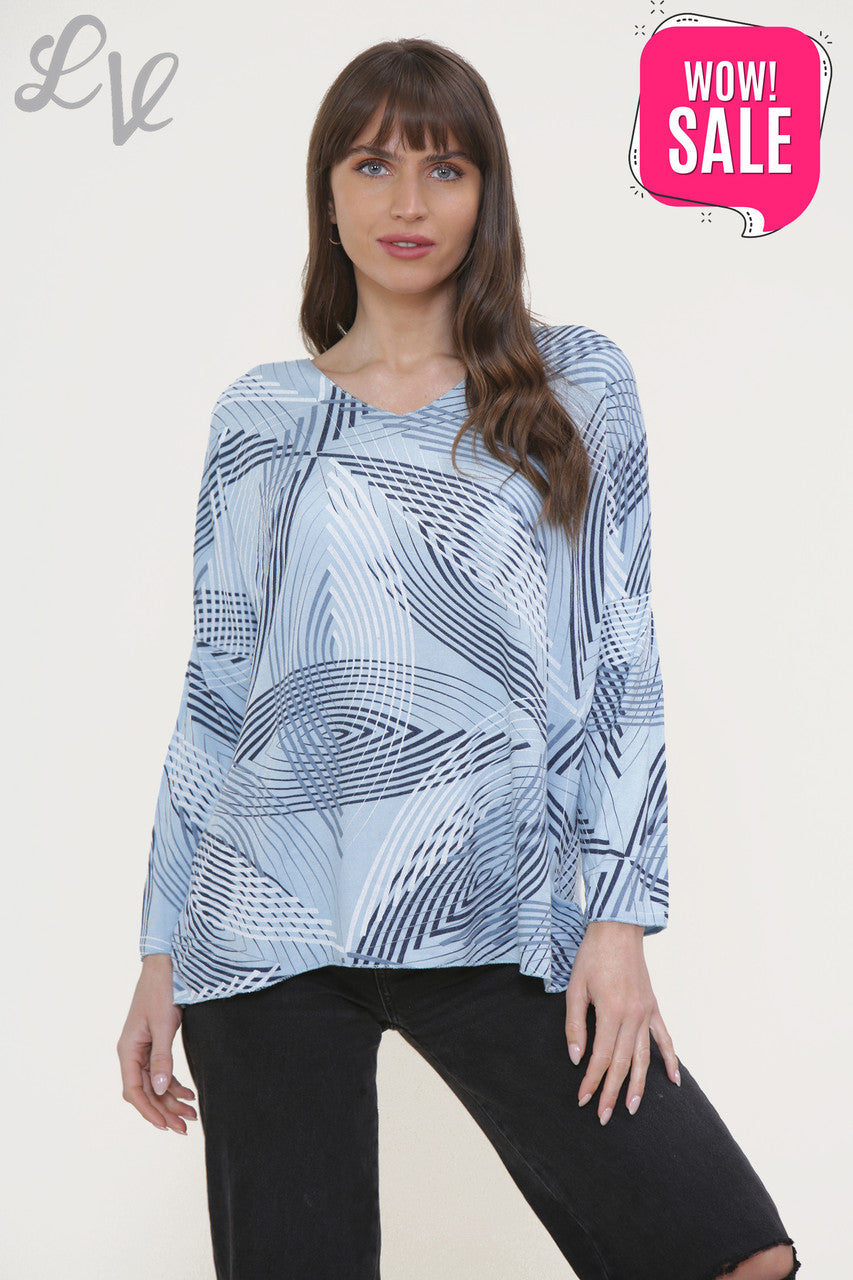 Dames Fijngebreide Trui Top Sky Blue met Lijnenprint