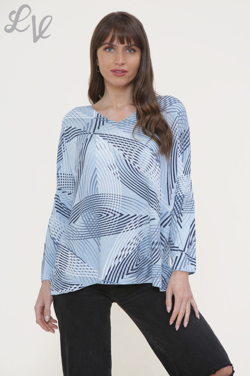 Dames Fijngebreide Trui Top Sky Blue met Lijnenprint