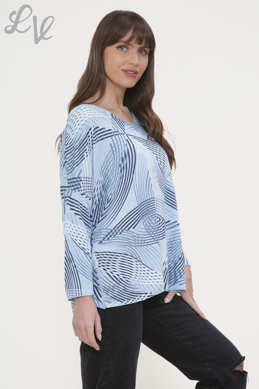 Dames Fijngebreide Trui Top Sky Blue met Lijnenprint